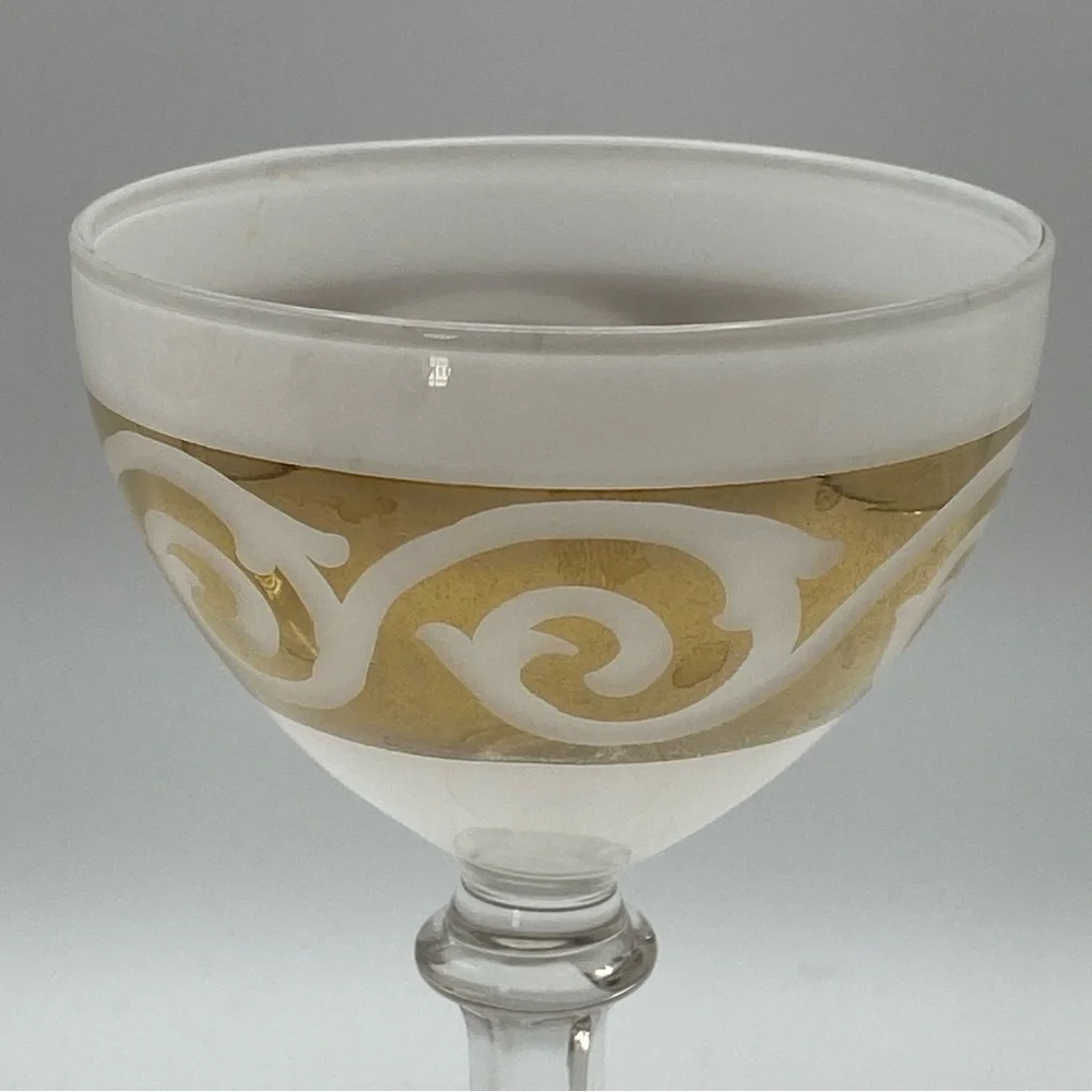 Vintage MCM Set of 2 Cocktail Glasses White & Gold Scroll Coupe Sherbet Baroque